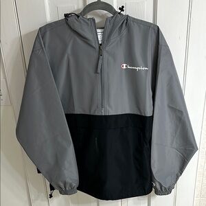 Champion Gray and Black Raincoat with Half-Zip Design